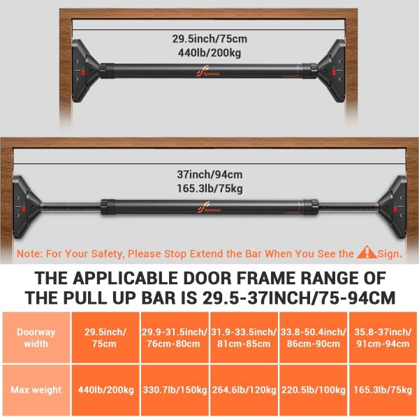 Sportneer Pull Up Bar: Strength Training Chin up Bar without Screws - Adjustable 29.5''-37'' Width Locking Mechanism Pull-up Bar for Doorway - Max Load 440lbs for Home Gym Upper Body Workout, Non-slip - Image 5